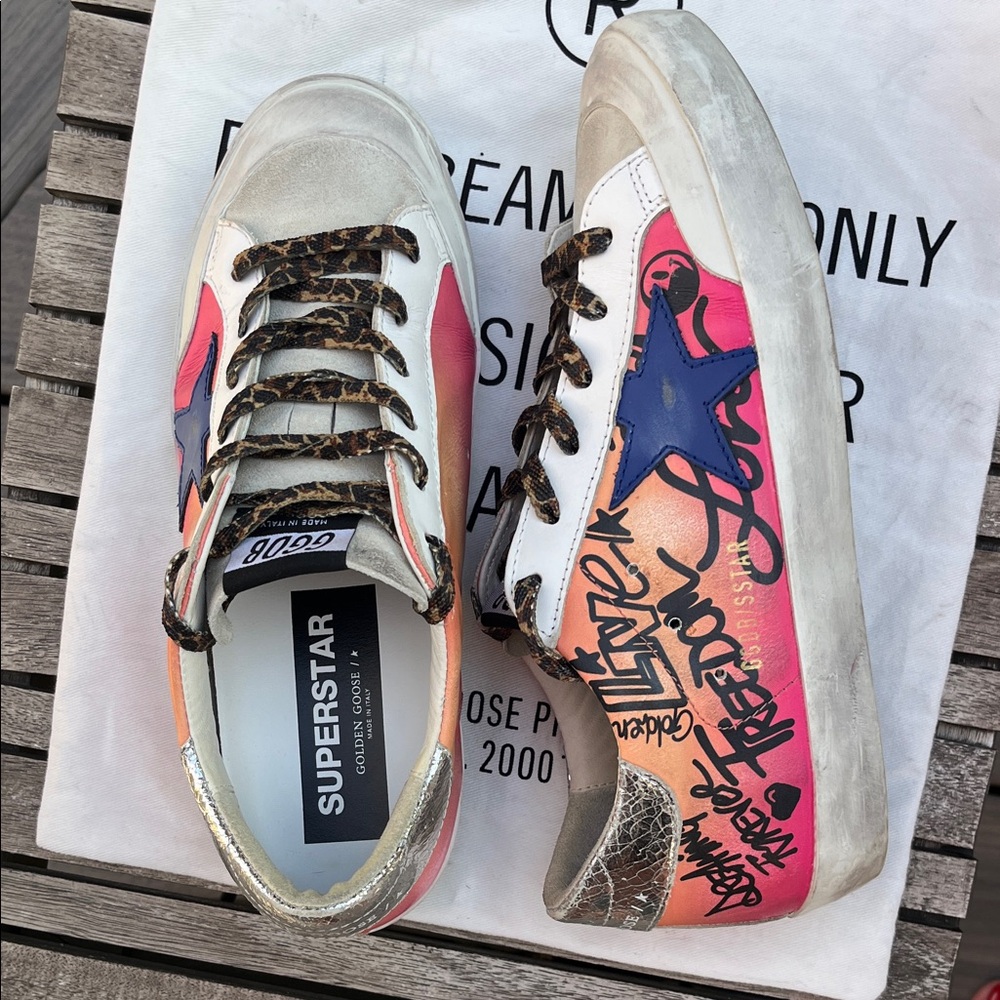 Golden Goose Women’s Sneakers with Pink-Orange Gradient and Blue Star